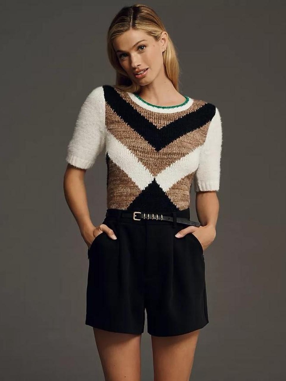 Anthropologie Maeve Chevron Intarsia Shrunken Short-Sleeve Sweater M